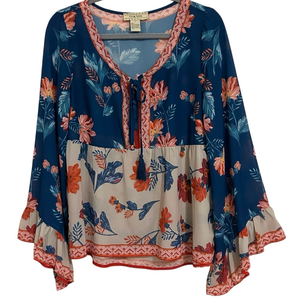 •CCO SALE• FLYING TOMATO Boho Floral Print Colorblock Bell Sleeve Lace Up Top L - Picture 2 of 13